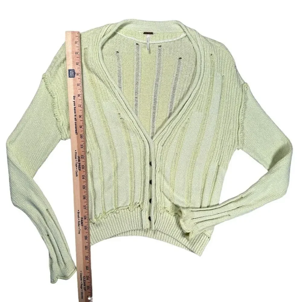 Free People Stevie Distressed Cardigan XS Lime Green Slouchy Cropped Sweater